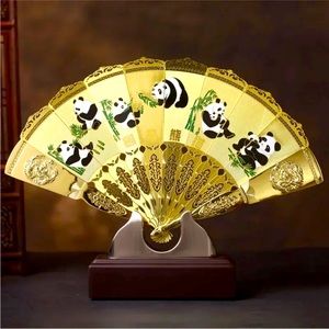 Authentic From China - Panda Decorative Gold Golden Hand Fan with Display Stand